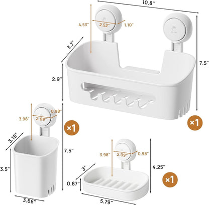 LEVERLOC Shower Caddy Suction Cup Set Shower Organizer & Soap Holder & Toothbrush Holder, Bathroom Shelf Basket NO-Drilling, Removable Suction Storage Waterproof Bathroom Caddy