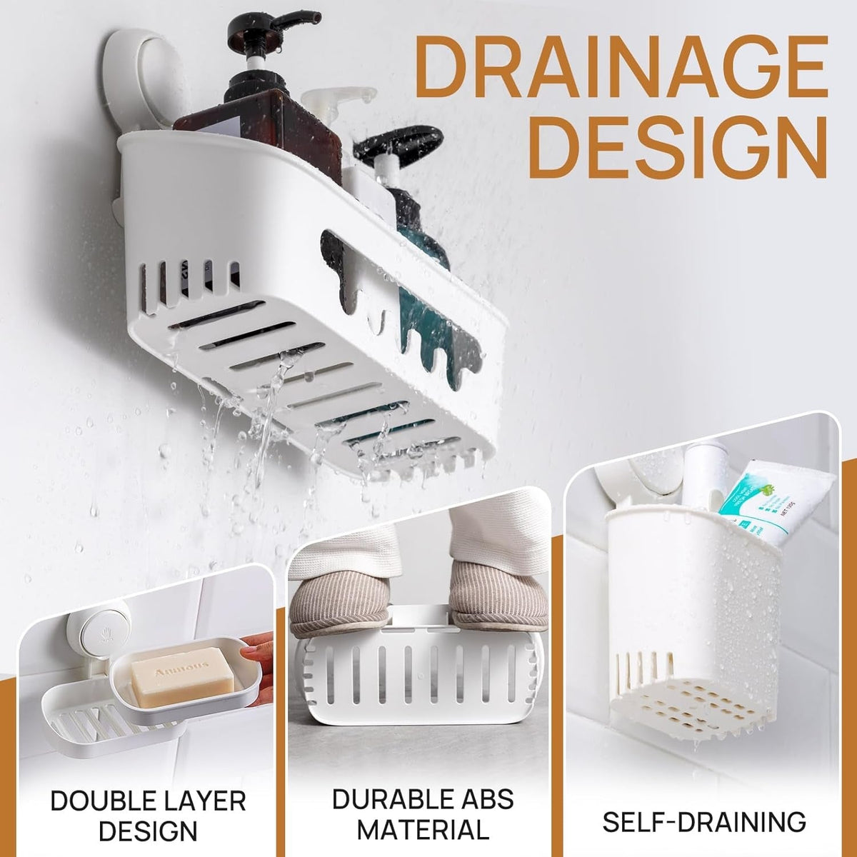 LEVERLOC Shower Caddy Suction Cup Set Shower Organizer & Soap Holder & Toothbrush Holder, Bathroom Shelf Basket NO-Drilling, Removable Suction Storage Waterproof Bathroom Caddy