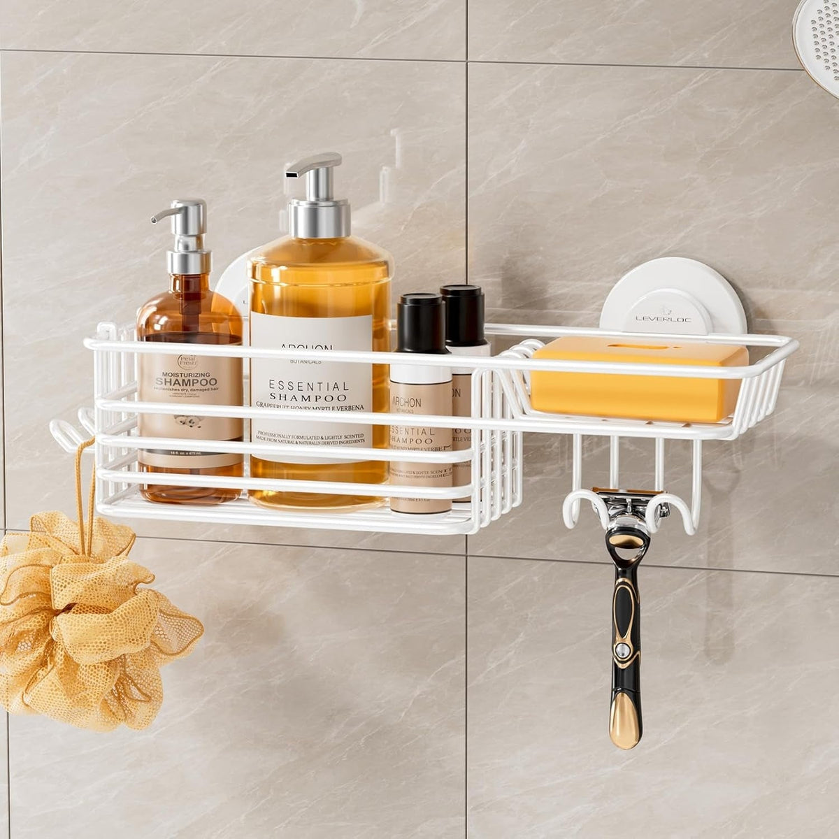 LEVERLOC Shower Caddy Suction Cup Set Shower Organizer & Soap Holder & Toothbrush Holder, Bathroom Shelf Basket NO-Drilling, Removable Suction Storage Waterproof Bathroom Caddy