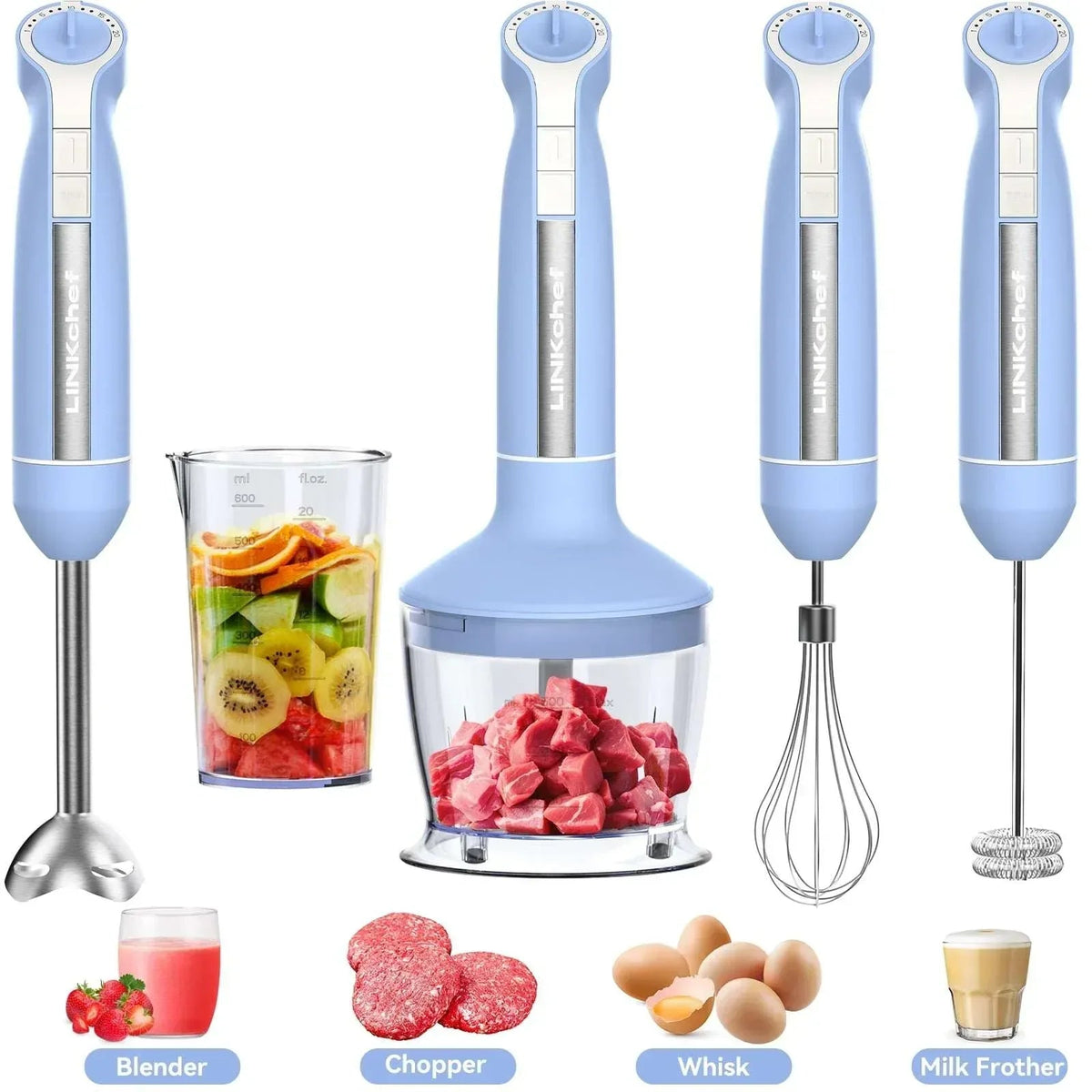 LINKChef Immersion Blender, 20-Speed 1000W 5-in-1 Immersion Hand Blender, Stick Blender with Turbo Mode, Baby Food Processor with Chopper, Blender for Kitchen with 600ml Beaker (White)