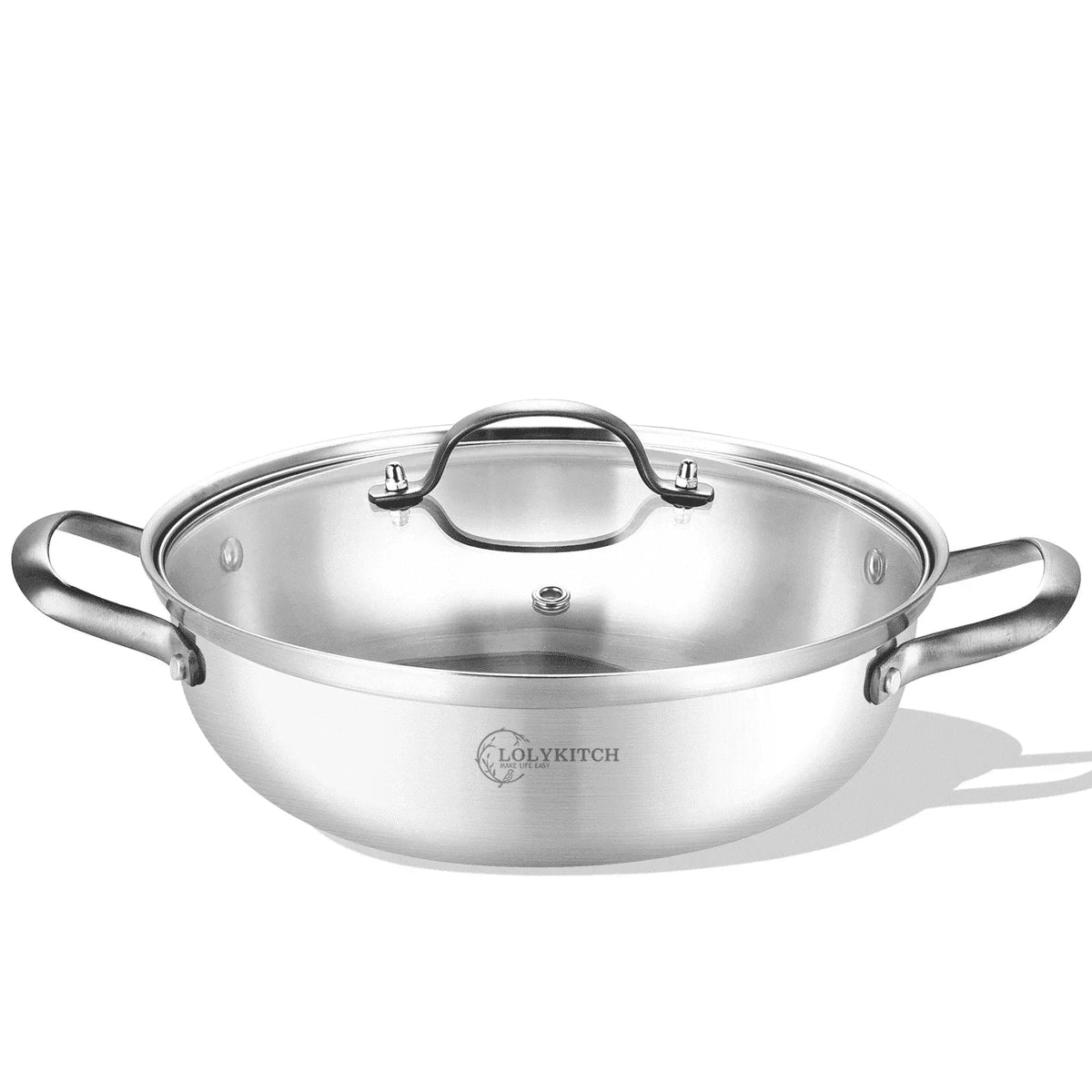 LOLYKITCH Tri-ply Stainless Steel Sauté Pan with Lid,3.5QT Everyday Pan ,Kadhai,Induction Cooking Pot,Dishwasher and Oven Safe,11 inch.