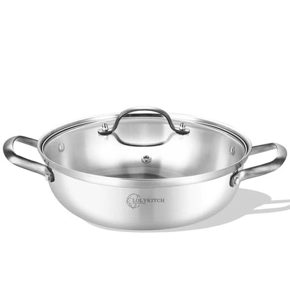 LOLYKITCH Tri-ply Stainless Steel Sauté Pan with Lid,3.5QT Everyday Pan ,Kadhai,Induction Cooking Pot,Dishwasher and Oven Safe,11 inch.
