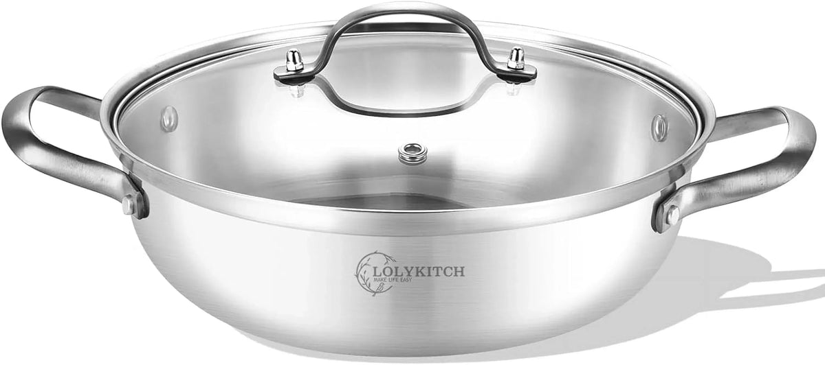LOLYKITCH Tri-ply Stainless Steel Sauté Pan with Lid,3.5QT Everyday Pan ,Kadhai,Induction Cooking Pot,Dishwasher and Oven Safe,11 inch.