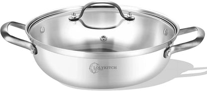 LOLYKITCH Tri-ply Stainless Steel Sauté Pan with Lid,3.5QT Everyday Pan ,Kadhai,Induction Cooking Pot,Dishwasher and Oven Safe,11 inch.