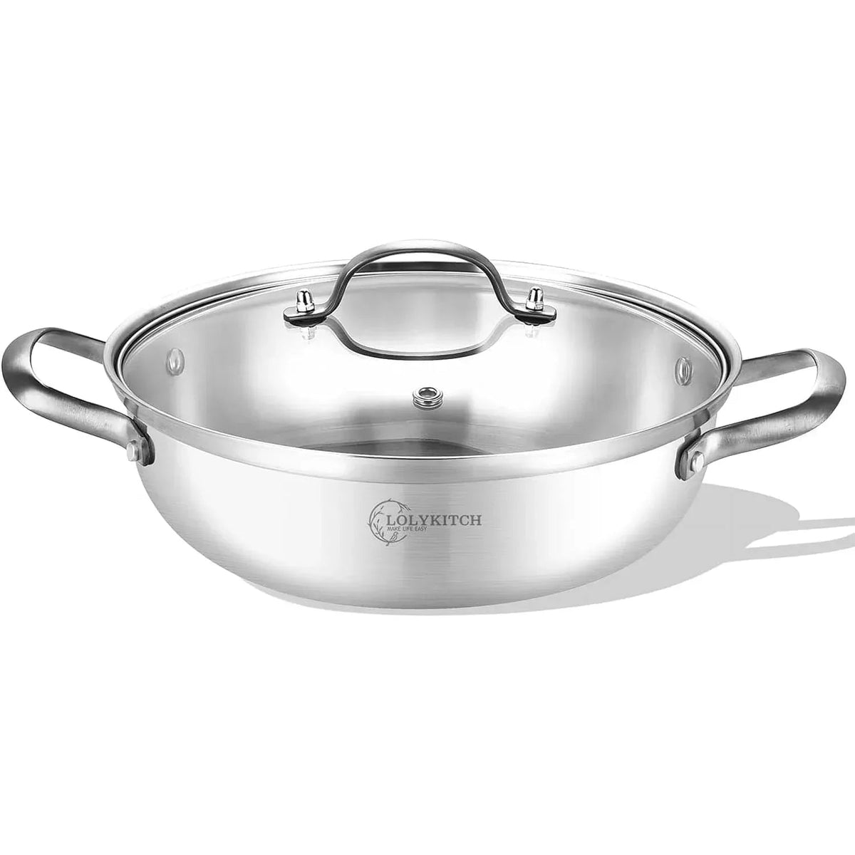 LOLYKITCH Tri-ply Stainless Steel Sauté Pan with Lid,3.5QT Everyday Pan ,Kadhai,Induction Cooking Pot,Dishwasher and Oven Safe,11 inch.