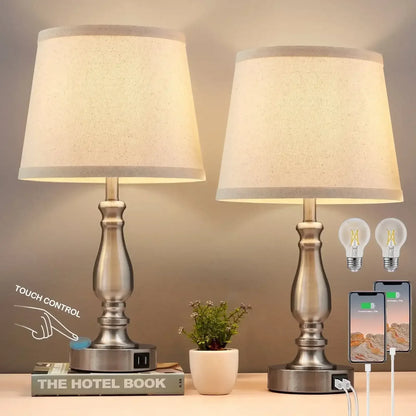 NATYSWAN Lamps for Bedrooms Set of 2, Brushed Nickel Bedside Lamps with USB Ports, 3 Way Dimmable Nightstand Lamps , Touch Table Lamp for Living Room Bedroom Office, Bulbs Included
