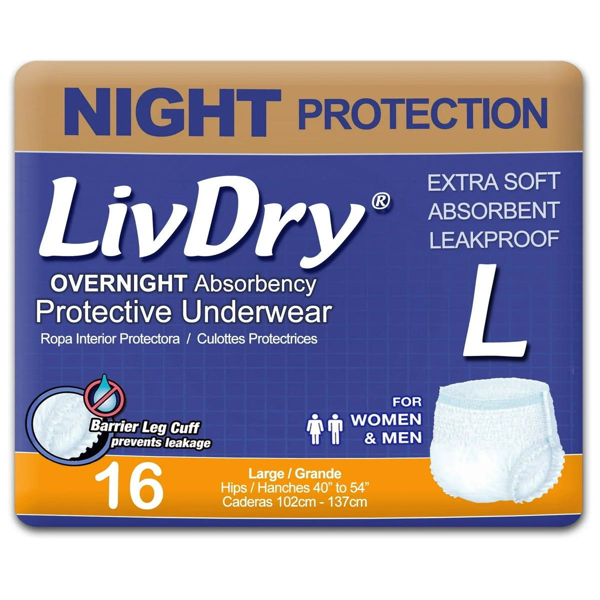 LivDry Overnight Adult Diapers for Women and Men, Max Protection Incontinence Underwear