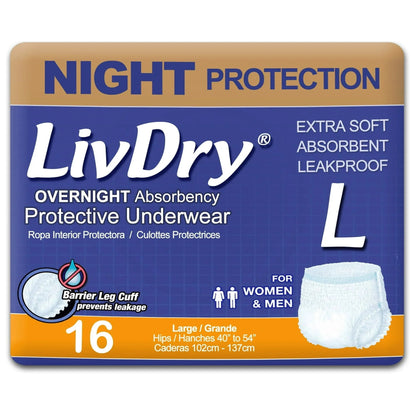 LivDry Overnight Adult Diapers for Women and Men, Max Protection Incontinence Underwear