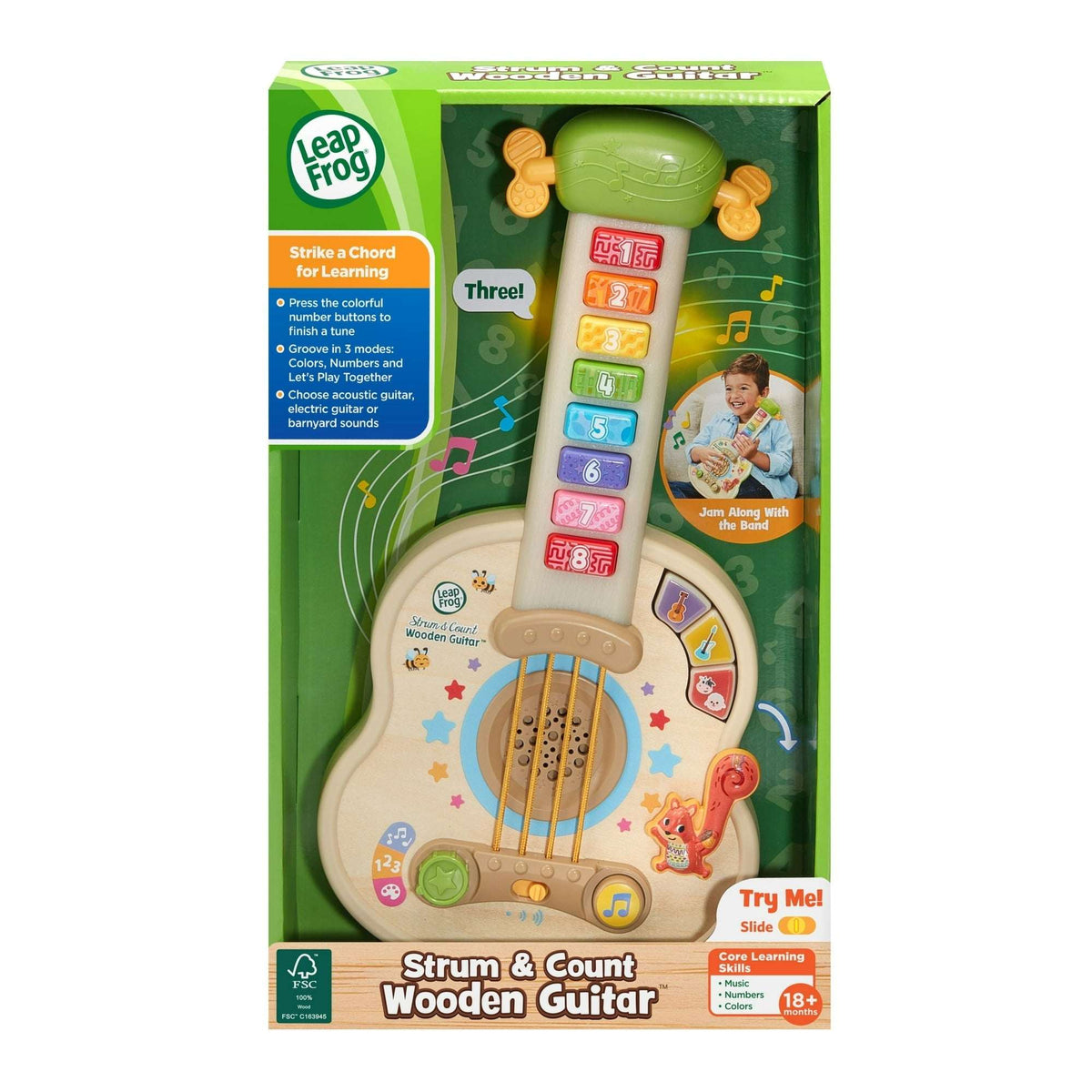 LeapFrog Strum & Count Wooden Guitar Plastic, FSC-Certified Wood Baby and Toddler Toys