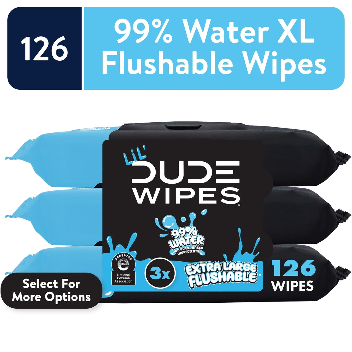 LiL' DUDE Flushable Wipes, Extra Large Fragrance Free Wet Wipes, 126 Count, 3 Pack