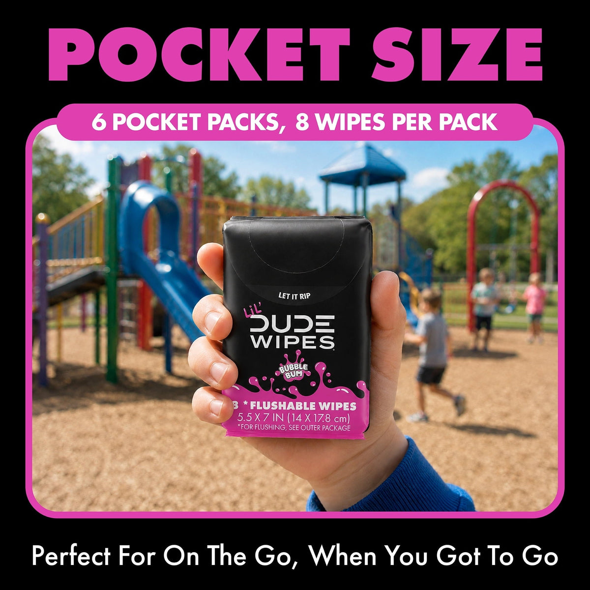 LiL' DUDE Pocket Packs Flushable Wipes, Extra Large Bubble Bum Wet Wipes, Bubble Gum Scent, 8 Count, 6 Pack