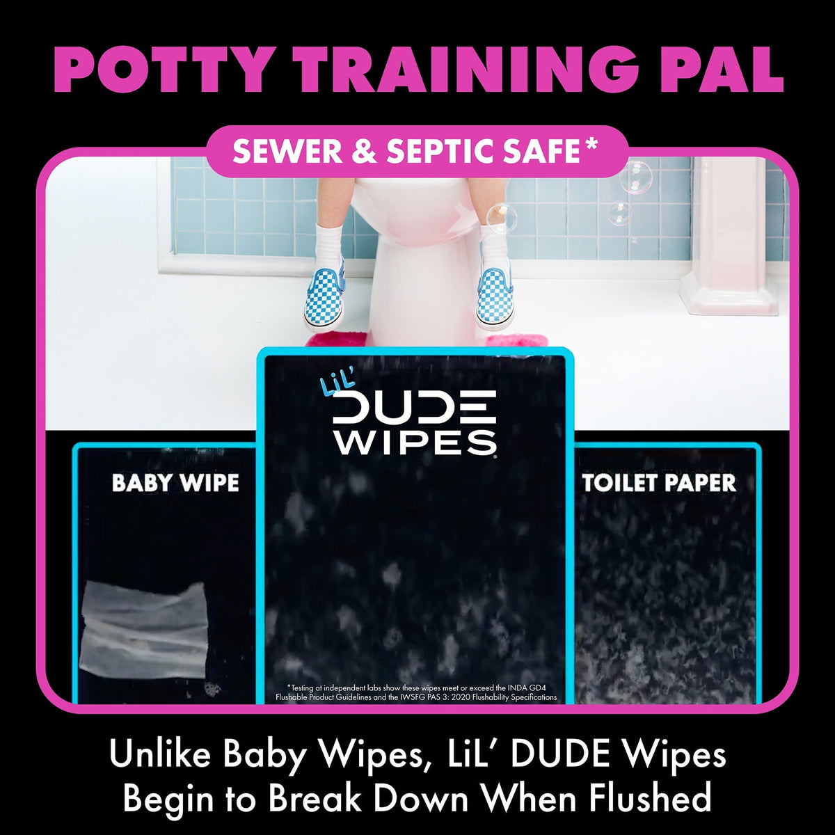 LiL' DUDE Pocket Packs Flushable Wipes, Extra Large Bubble Bum Wet Wipes, Bubble Gum Scent, 8 Count, 6 Pack