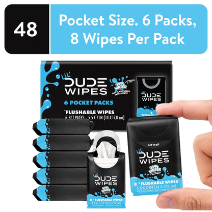 LiL' DUDE Pocket Packs Flushable Wipes, Extra Large Fragrance Free Wet Wipes, 8 Count, 6 Pack