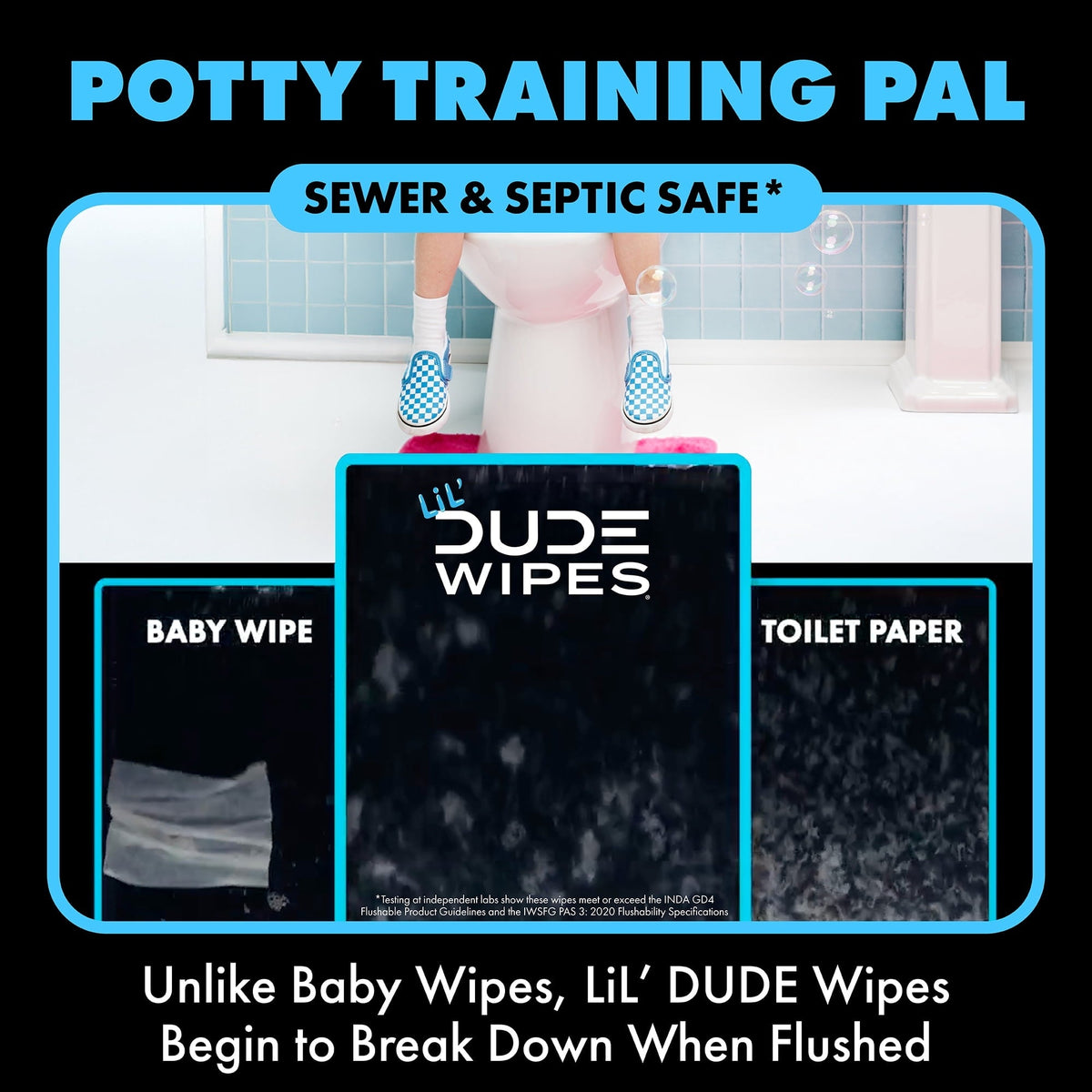 LiL' DUDE Pocket Packs Flushable Wipes, Extra Large Fragrance Free Wet Wipes, 8 Count, 6 Pack