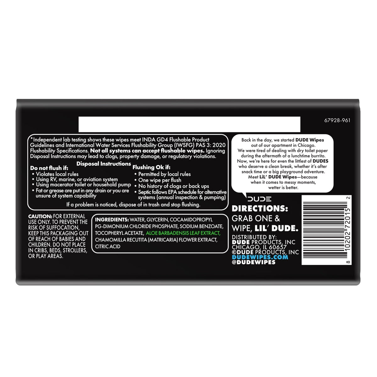 LiL' DUDE Pocket Packs Flushable Wipes, Extra Large Fragrance Free Wet Wipes, 8 Count, 6 Pack