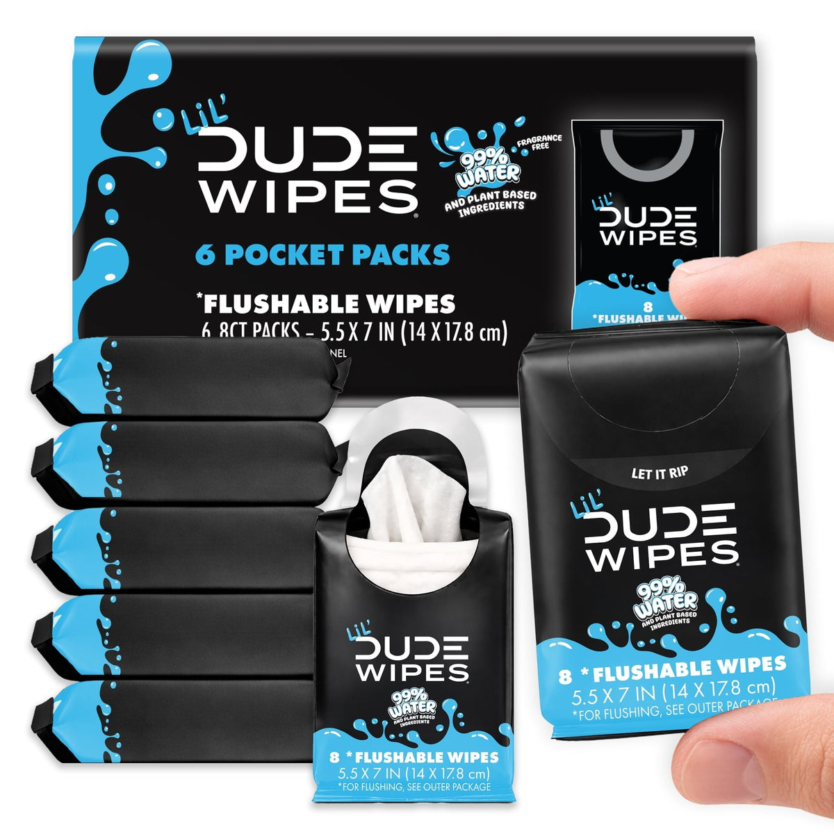 LiL' DUDE Pocket Packs Flushable Wipes, Extra Large Fragrance Free Wet Wipes, 8 Count, 6 Pack