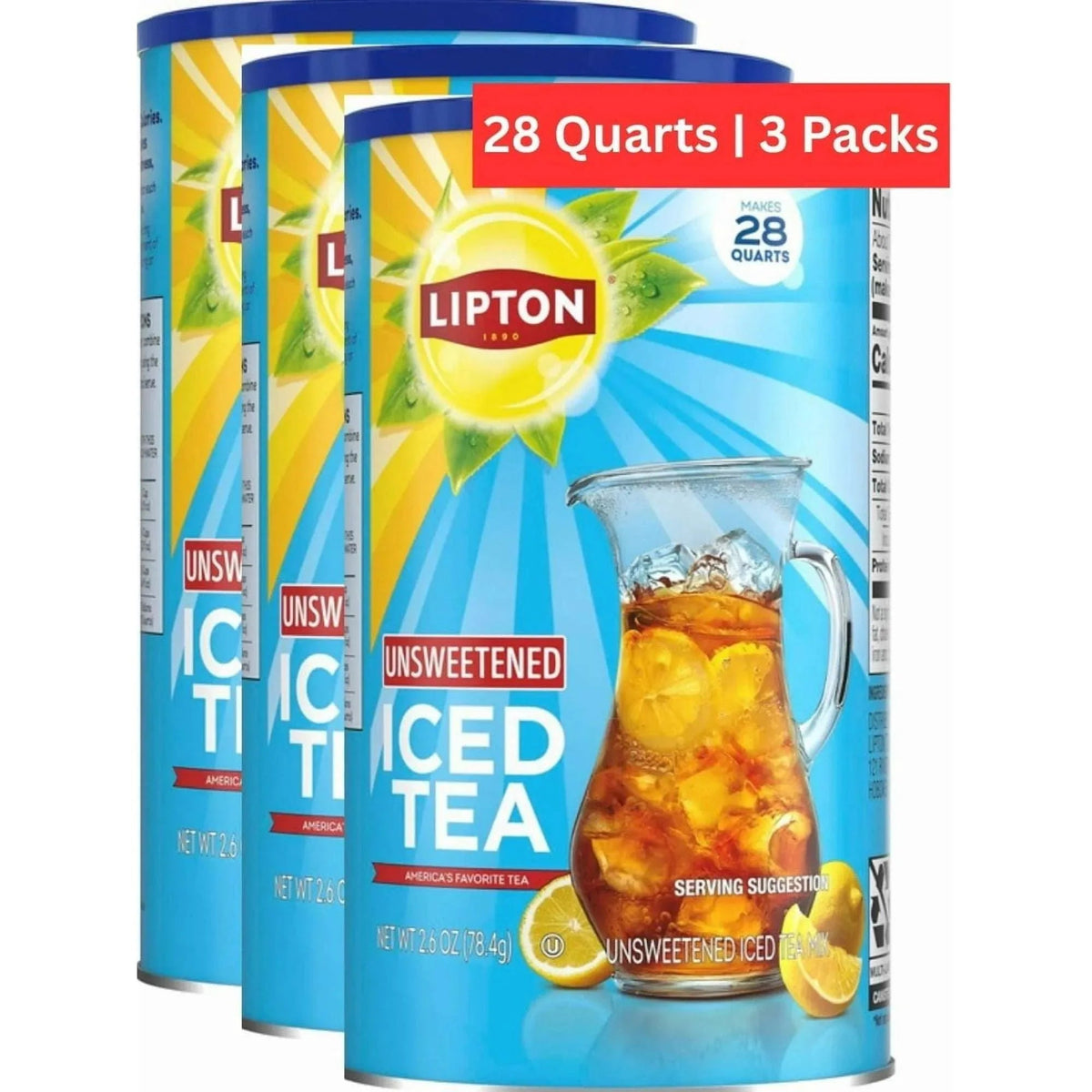 Lipton Unsweetened Iced Tea Mix, Sugar-Free, Black Tea, Made from Real Tea Leaves, 28 Quarts Each – Pack of 3 (Total 84 Quarts)