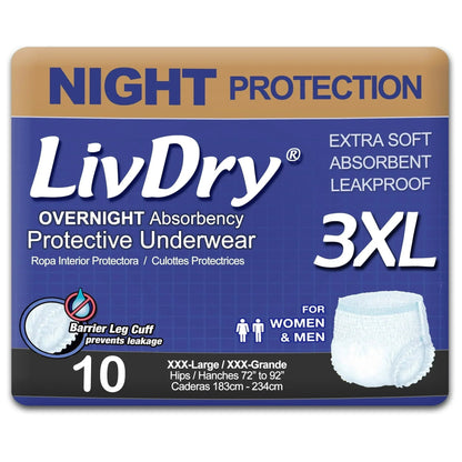 LivDry Overnight Adult Diapers for Women and Men, Max Protection Incontinence Underwear