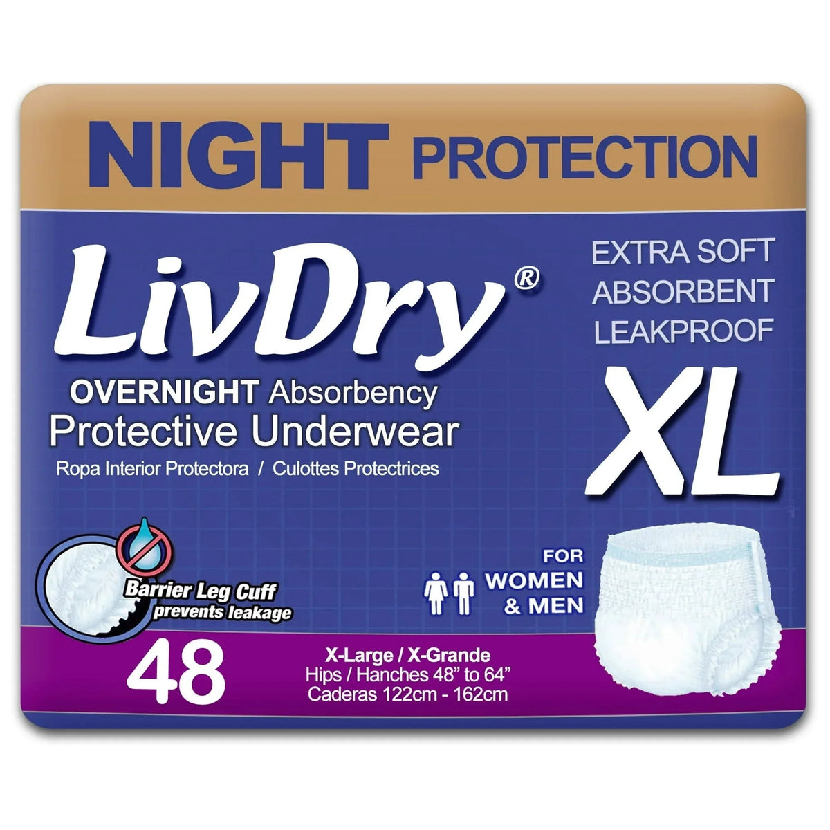 LivDry Overnight Adult Diapers for Women and Men, Max Protection Incontinence Underwear