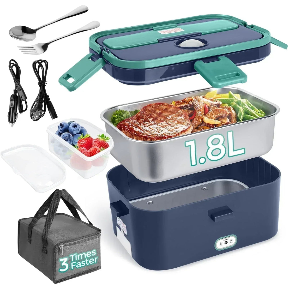 Livhil Electric Lunch Box Food Heater, Portable Food Warmer, Hot Lunch Warmer Heated Lunch Box for Adults, 60W 1.8L 12V-24V 110V Stainless Steel Container Portable Food Heater (Green+Royal Blue)