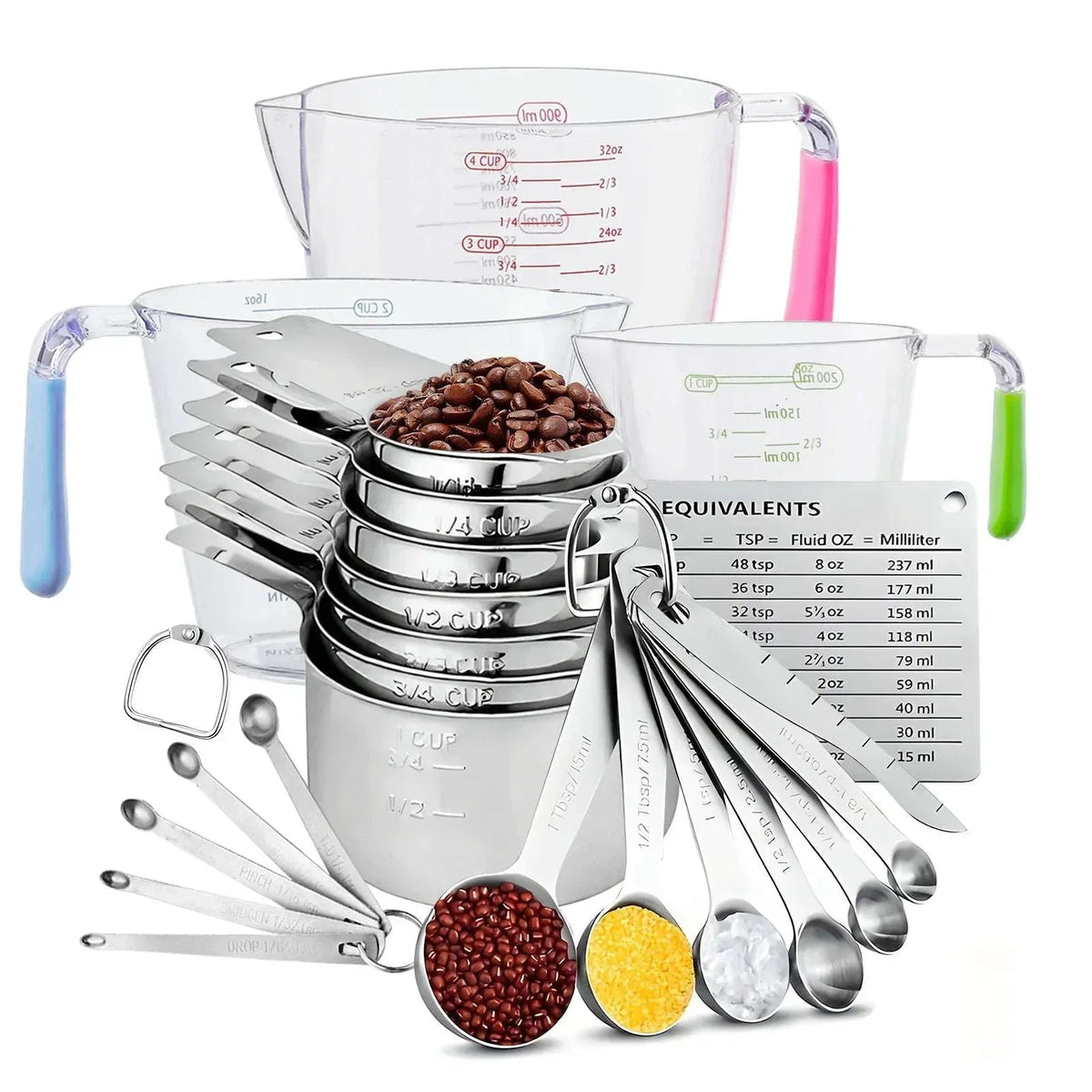 Lumikrypt 23Pcs Measuring Cups and Spoons Set, Stainless Steel Nesting Measuring Cups Spoons with Plastic Measuring Cup for Dry and Liquid Ingredients, Measurement Conversion Chart Fridge Magnet