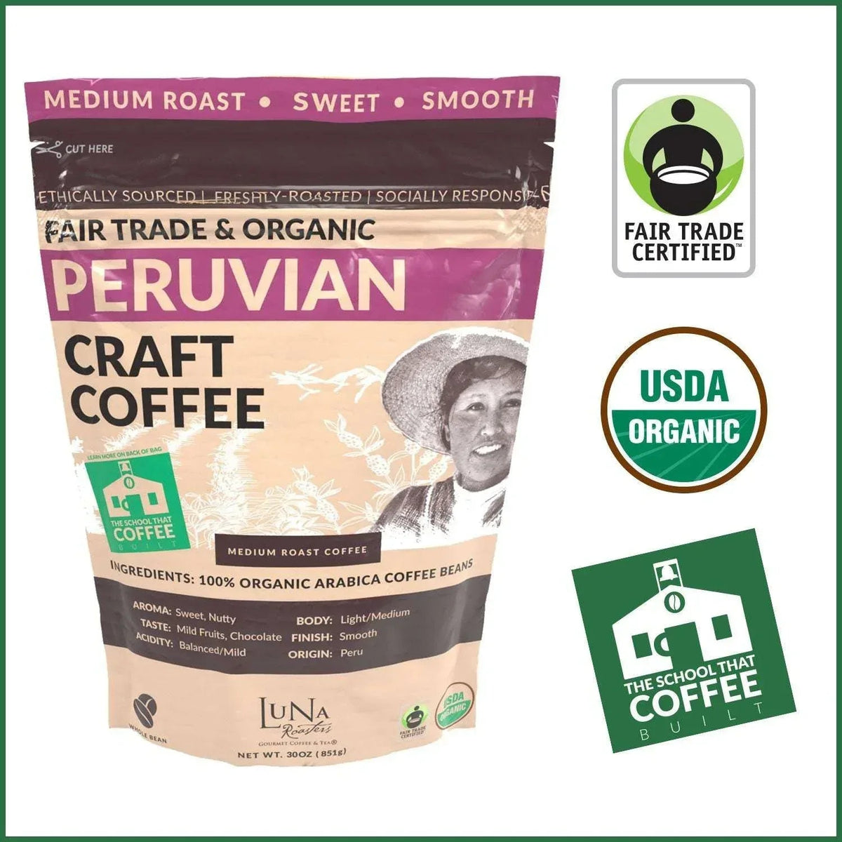 Luna Roasters Medium Roast Organic Peruvian Whole Bean Coffee, 30 oz.
