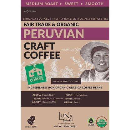 Luna Roasters Medium Roast Organic Peruvian Whole Bean Coffee, 30 oz.