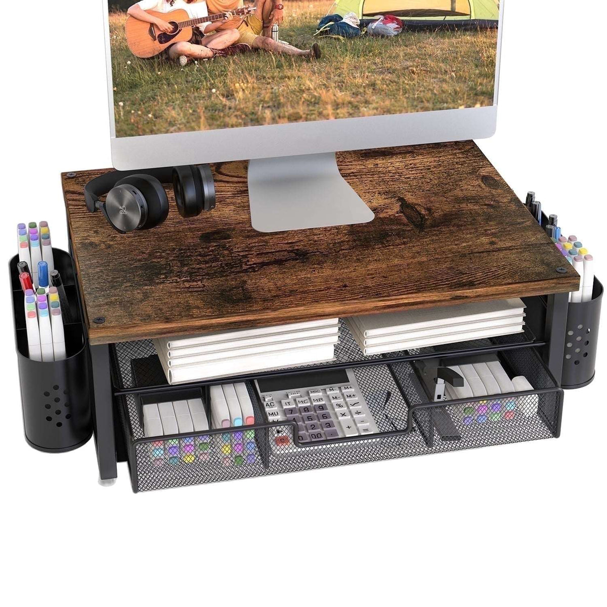 MEHOOM 3-Tier Monitor Stand Riser with Drawer and Pen Holders, Desk Organizer and Accessories for Laptop, Office, and Dorm Desktop Setup