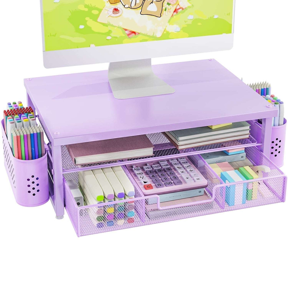 MEHOOM 3-Tier Monitor Stand Riser with Drawer and Pen Holders, Desk Organizer and Accessories for Laptop, Office, and Dorm Desktop Setup