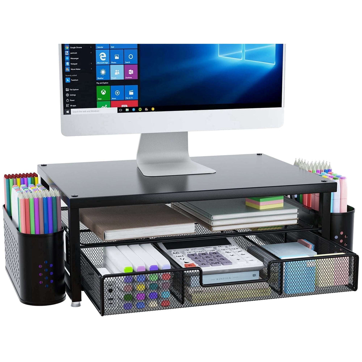 MEHOOM 3-Tier Monitor Stand Riser with Drawer and Pen Holders, Desk Organizer and Accessories for Laptop, Office, and Dorm Desktop Setup