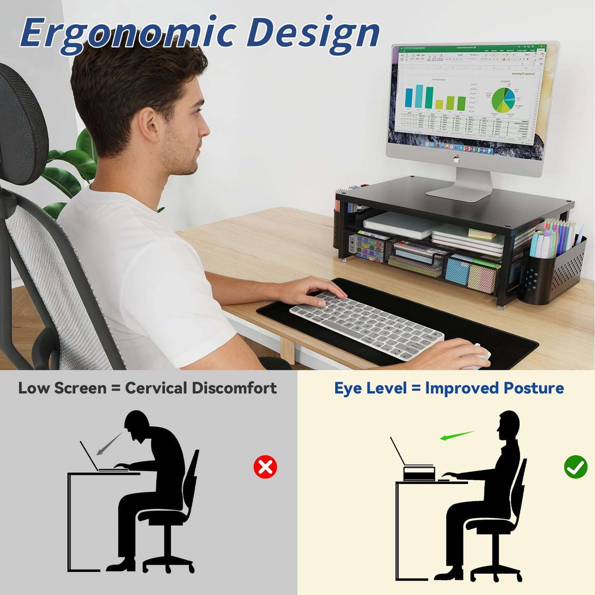 MEHOOM 3-Tier Monitor Stand Riser with Drawer and Pen Holders, Desk Organizer and Accessories for Laptop, Office, and Dorm Desktop Setup