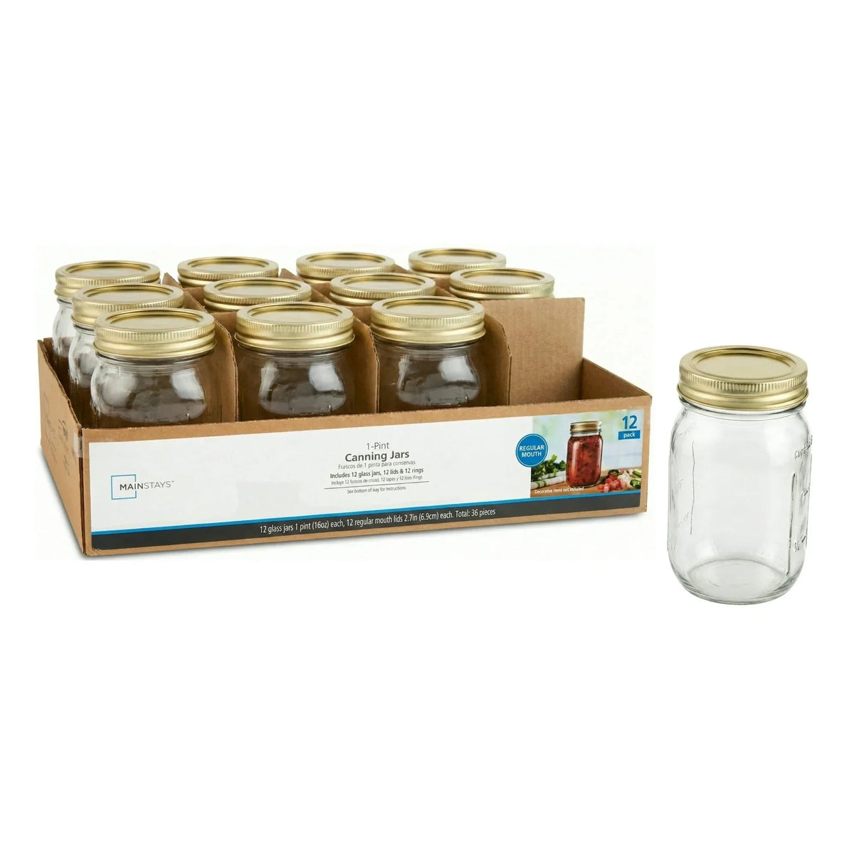 Mainstays Mason Jars, Regular Mouth Half Pint Canning Jars with Lids and Rings, 12-Pack Small Glass Jars for Home Canning and Preserving