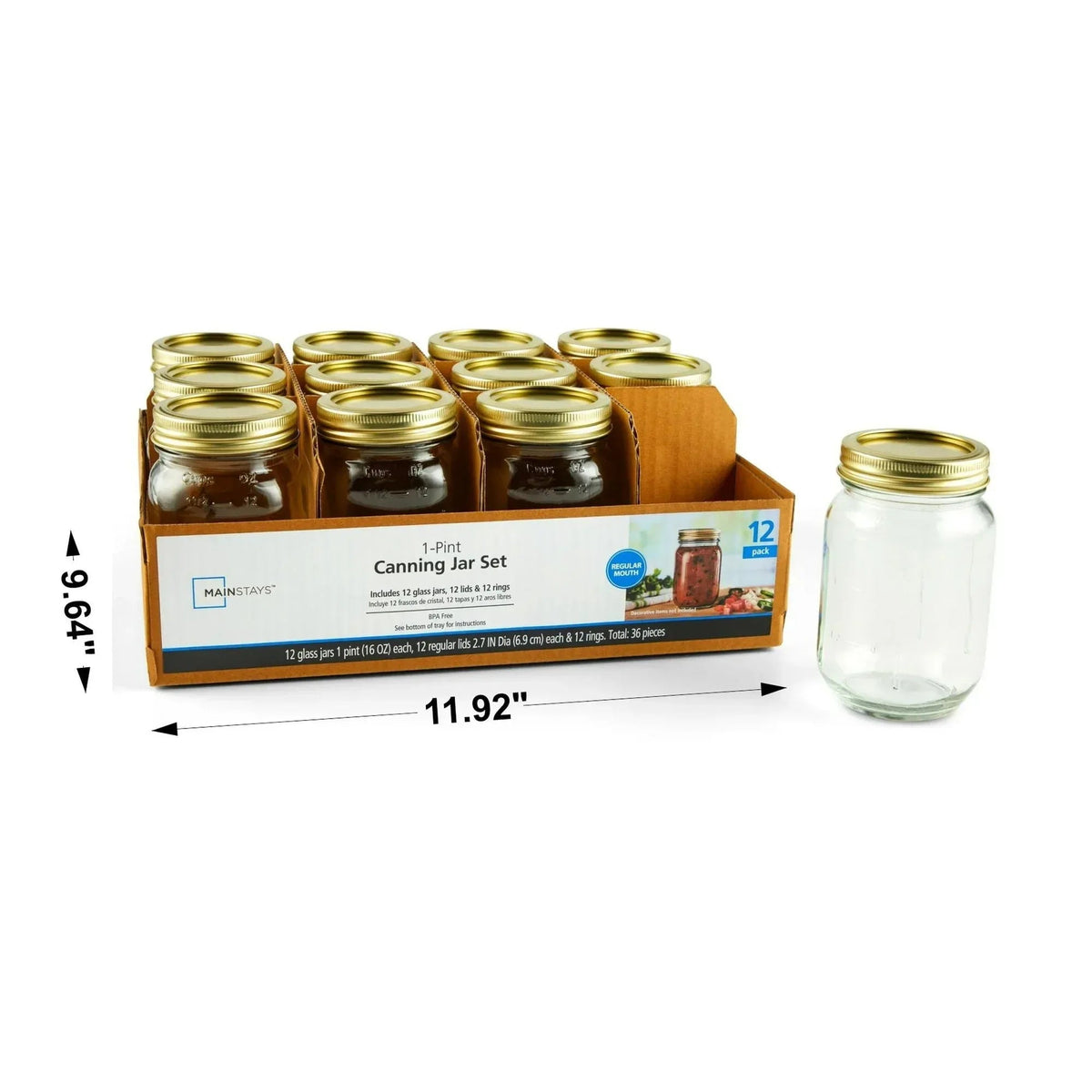 Mainstays Mason Jars, Regular Mouth Half Pint Canning Jars with Lids and Rings, 12-Pack Small Glass Jars for Home Canning and Preserving