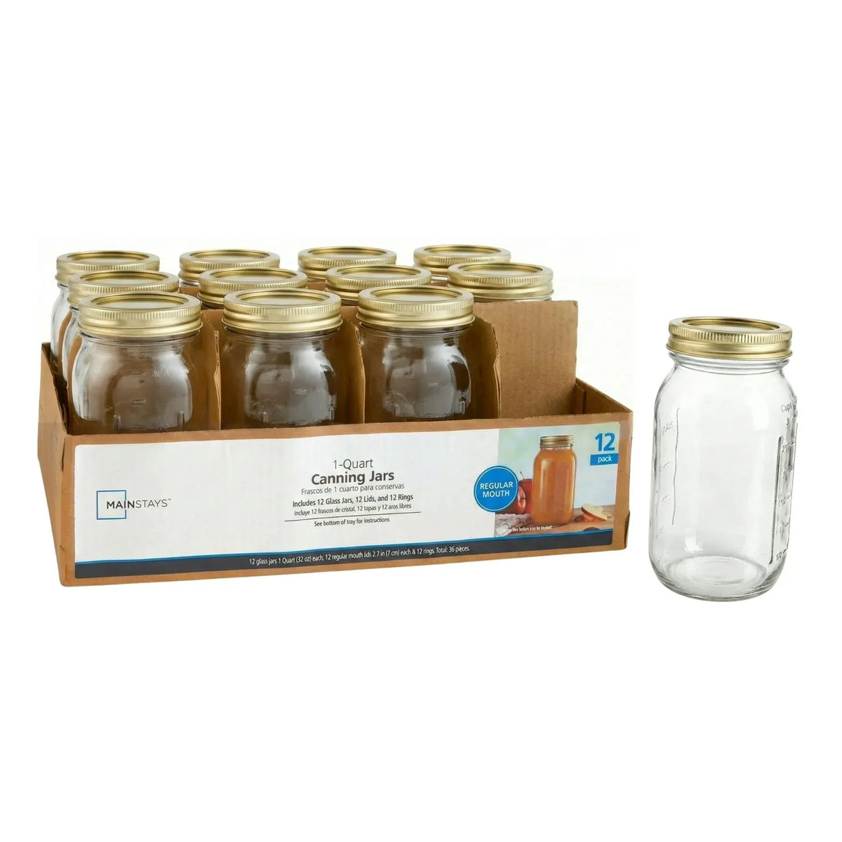 Mainstays Mason Jars, Regular Mouth Half Pint Canning Jars with Lids and Rings, 12-Pack Small Glass Jars for Home Canning and Preserving
