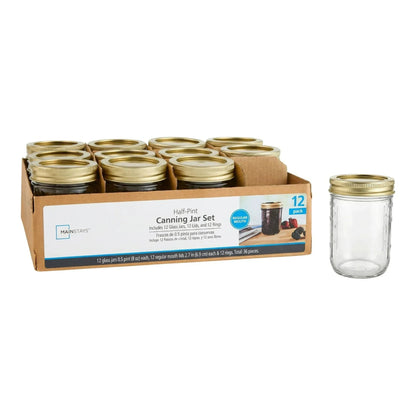 Mainstays Mason Jars, Regular Mouth Half Pint Canning Jars with Lids and Rings, 12-Pack Small Glass Jars for Home Canning and Preserving
