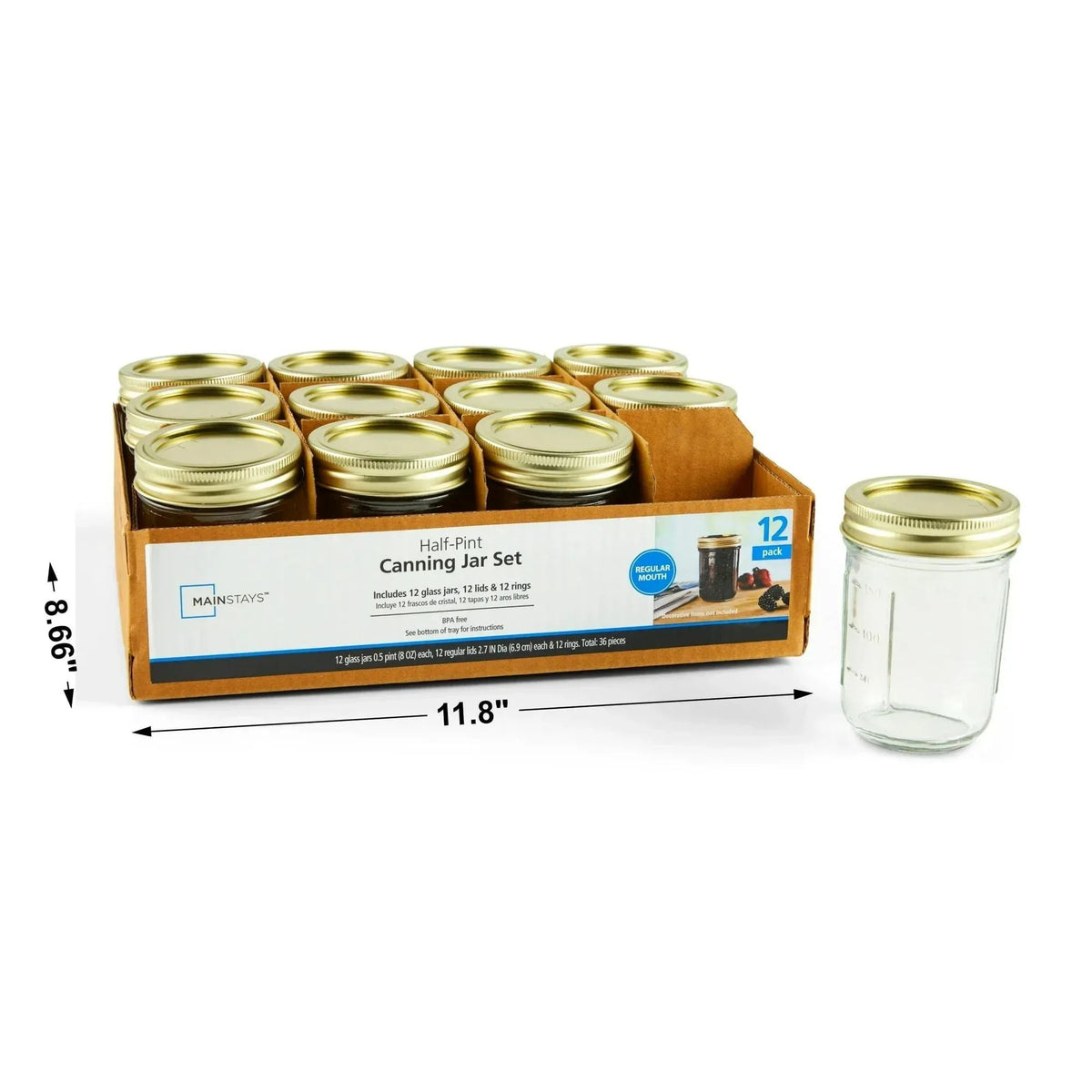 Mainstays Mason Jars, Regular Mouth Half Pint Canning Jars with Lids and Rings, 12-Pack Small Glass Jars for Home Canning and Preserving