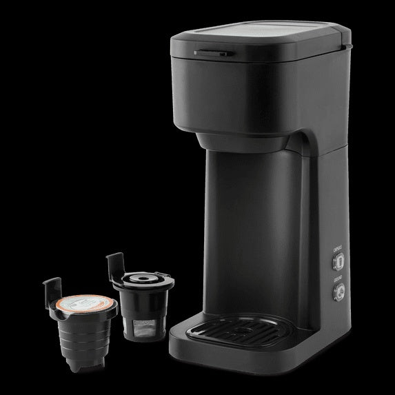 Mainstays Black Matte Dual Brew Coffee Maker, Single Serve, Auto Shutoff, 14 oz Reservoir