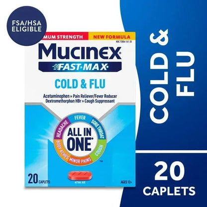 Mucinex Fast-Max Cold & Flu Relief Caplets, Maximum Strength Multi-Symptom Formula with Acetaminophen, 20 Count