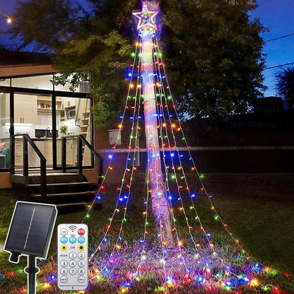 Magotan 12ft 350 LED Waterfall Christmas Lights Outdoor Decoration Twinkle Solar Christmas Tree String Lights with Top Star Xmas Holiday Garden Yard Decoration, Warm White