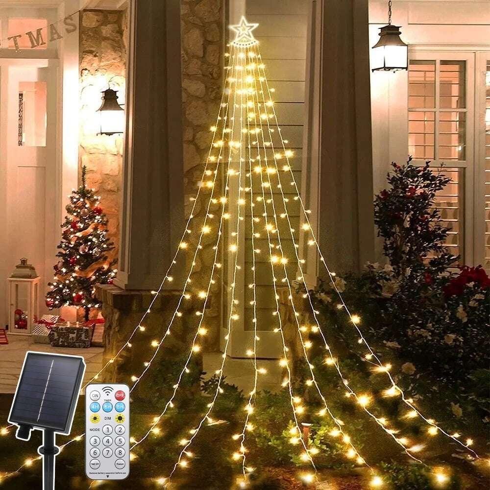 Magotan 12ft 350 LED Waterfall Christmas Lights Outdoor Decoration Twinkle Solar Christmas Tree String Lights with Top Star Xmas Holiday Garden Yard Decoration, Warm White