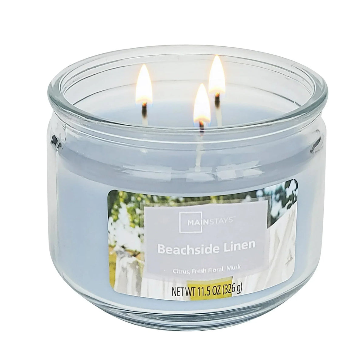 Mainstays 3-Wick Glass Jar Candle, Beachside Linen, Blue, 11.5 oz