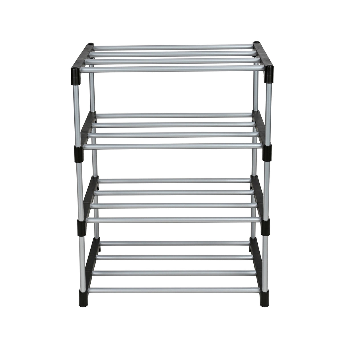 Mainstays 4 Tier Shoe Rack, Black and Silver, 8 Pairs of Shoes, Metal Tubes & Plastic Connectors