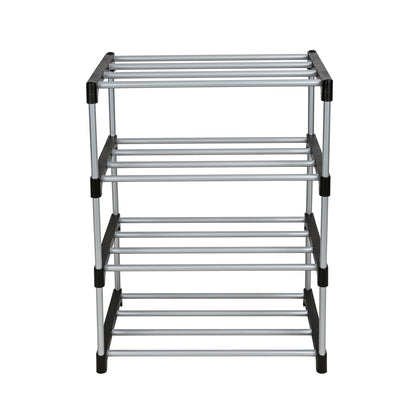 Mainstays 4 Tier Shoe Rack, Black and Silver, 8 Pairs of Shoes, Metal Tubes & Plastic Connectors