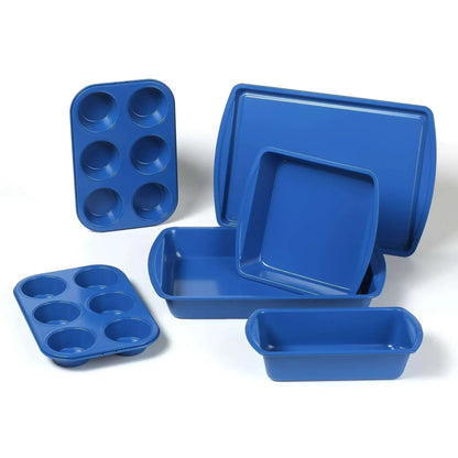 Mainstays 6 Piece Non-Stick Carbon Steel Bakeware Set with Cake, Muffin, Cookie and Loaf Pans, Gray