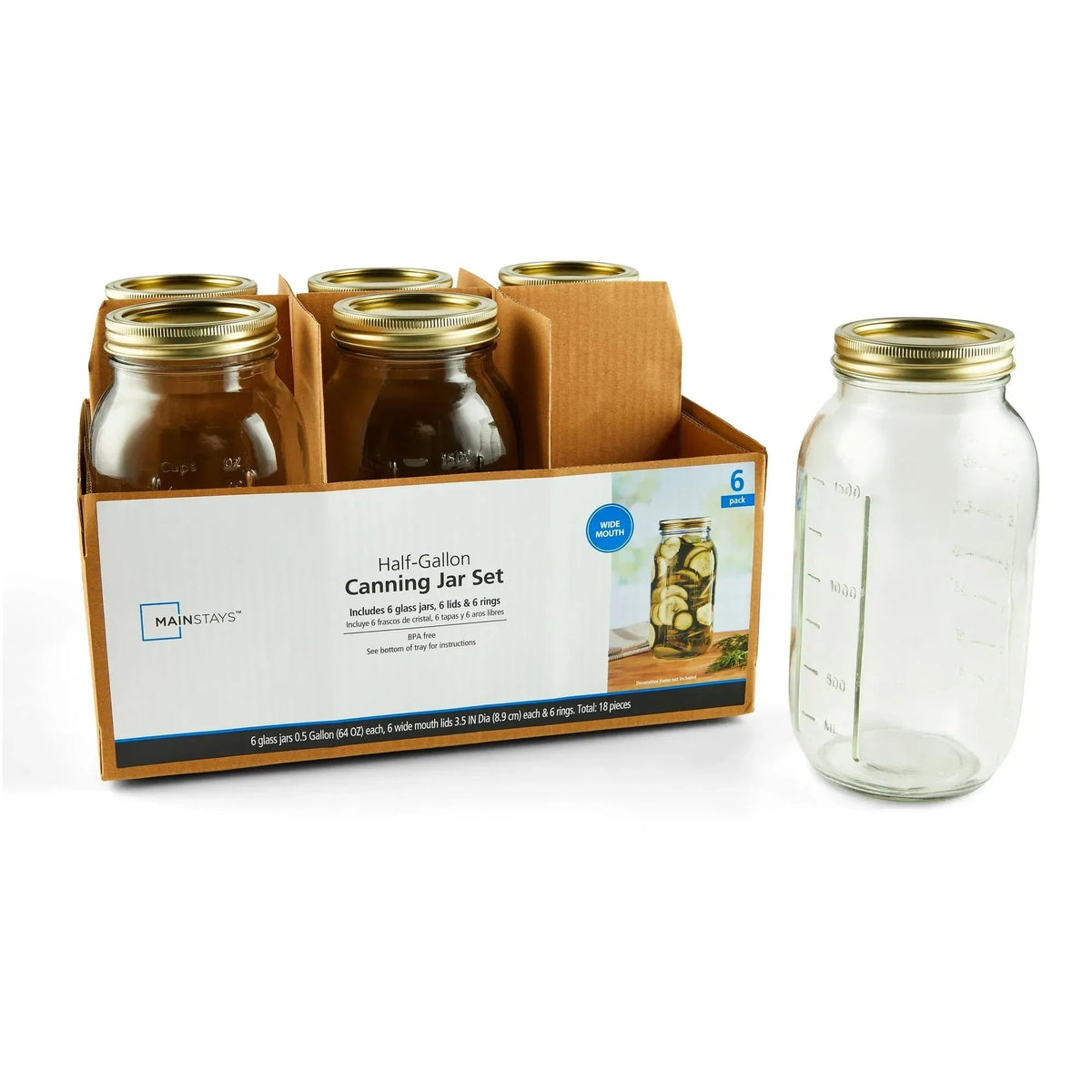 Mainstays 64 oz Mason Jars, Wide Mouth Half Gallon Canning Jars with Lids and Rings, 6-Pack Extra Large Glass Jars for Home Canning and Pantry Storage