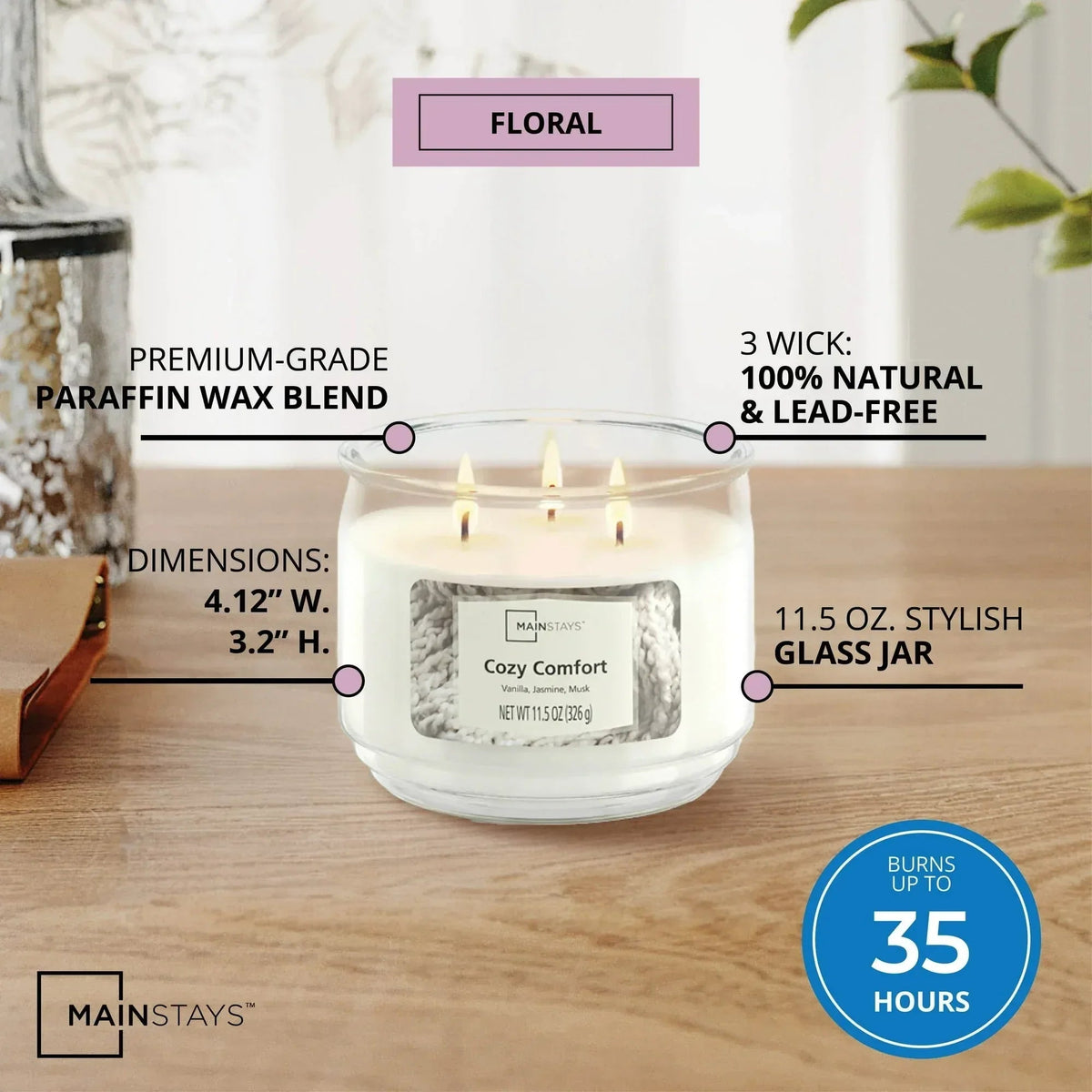 Mainstays 3-Wick Scented Glass Jar Candle, 11.5oz.