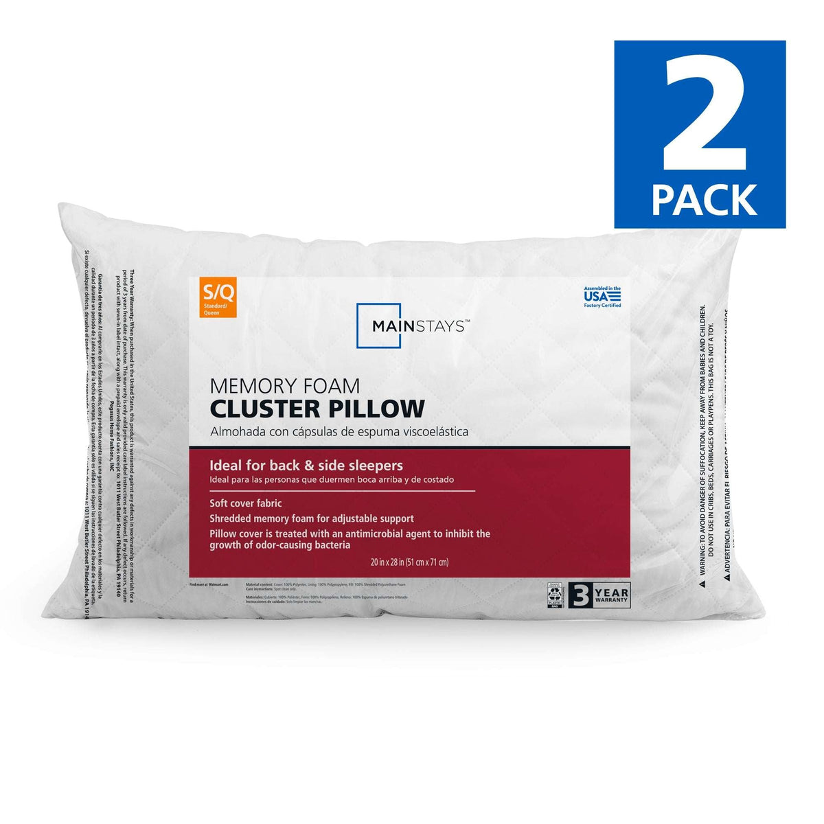 Mainstays™ Memory Foam Cluster Bed Pillow, Standard Queen, 2 Pack