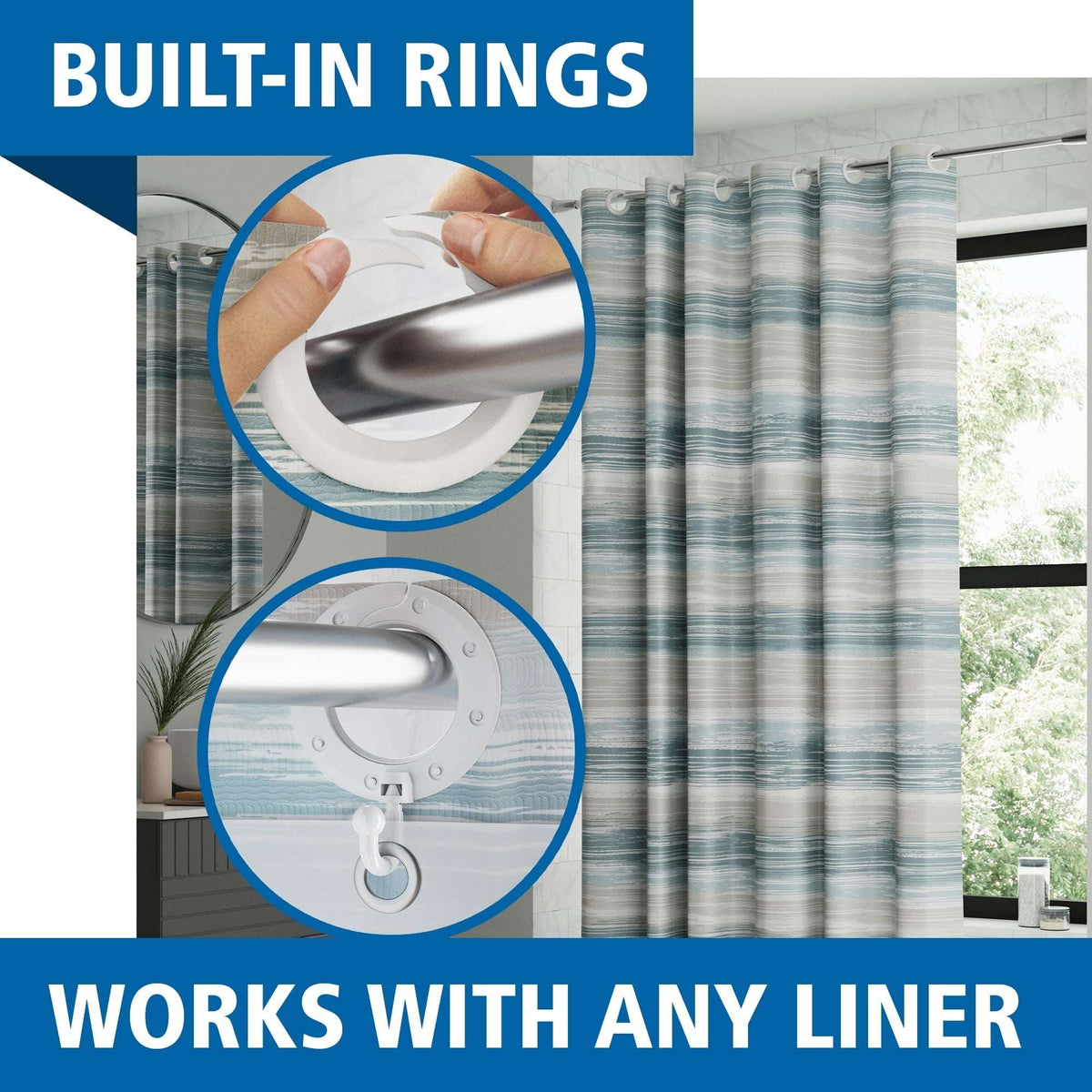 Mainstays Gemma Easy Hang Hookless Fabric Shower Curtain with Built-in Rings, 70" x 74", Black