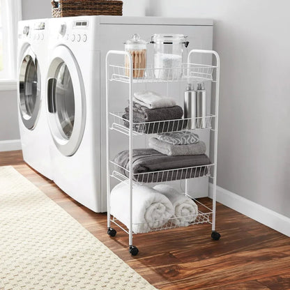 Mainstays Rolling 4-Tier Metal Laundry Basket Cart, White, Adult