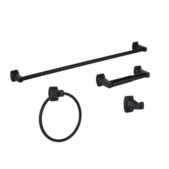 Mainstays 4-Piece Square Bathroom Hardware Set with 24-inch Towel Bar Matte Black Finish
